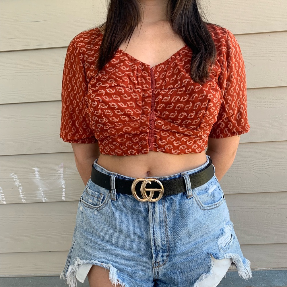 Boutique Red Paisley Cropped Top